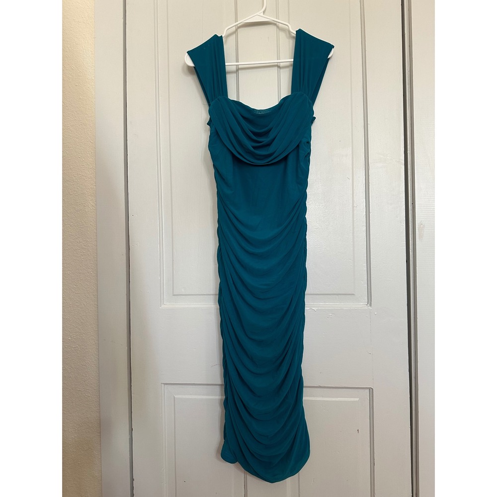 PrettyGarden Teal Blue Ruched Bodycon Cowl Neck Midi Dress 7539 Large